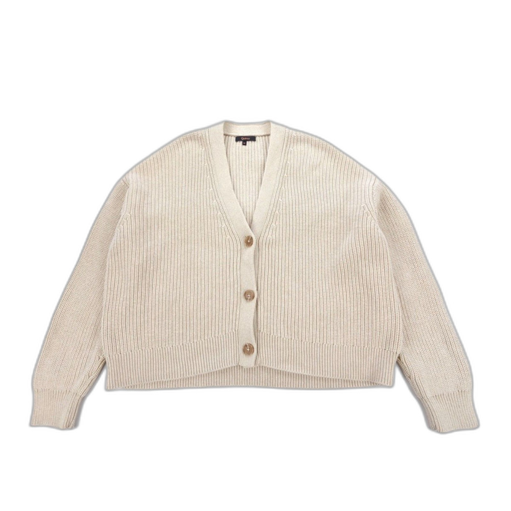 QUINCE 100% Organic Cotton Fisherman Boxy Cropped Cardigan Speckled Beige Preppy